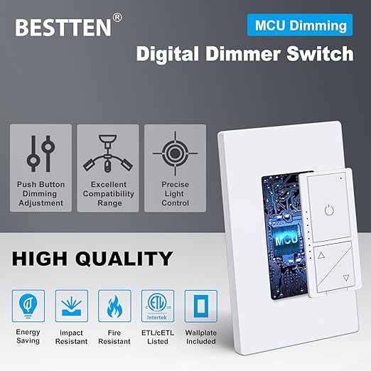BESTTEN 5 Pack Super Slim Digital Dimmer Light Switch with Screwless Wallplate, Single Pole or 3 Way Dimmer with Air Gap Power Cut Off Switch, 3 Button Control, ETL Listed, White