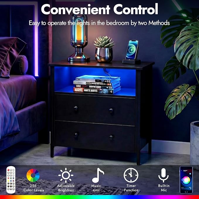 Tykacna 27 Inch Wide Night Stand, Large Wood Night Stand Set 2 with 2 Drawers, LED Nightstand with Charging Station and Adjustable Drawer, Bedside Table for Living Room/Bedroom/Study/Office, Black.