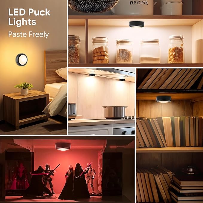 Yiliaw 6 Pack LED Puck Lights Remote Control 16 Color Changeable Under Cabinet Lights, Battery Operated Lights Night Light with Dimmer & Timmer for Closet Bedroom Kitchen, Black