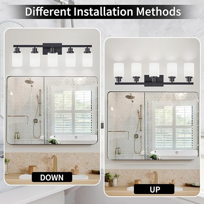 DIKAIDA Bathroom Vanity Light, 5-Light Vanity Lighting Fixture Over Mirror for Bathroom, 30" Matte Black Wall Light Fixture, Wall Sconces with Frosted Glass Shade for Mirror Bedroom Living Room