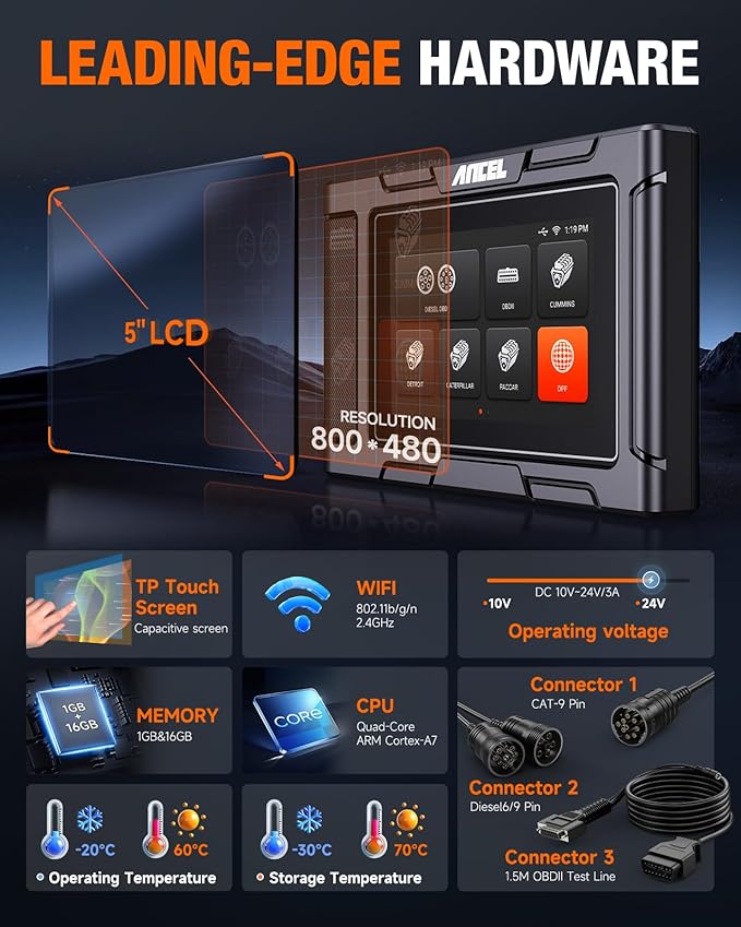 ANCEL HD3400 Pro Heavy Duty Truck Scanner | DPF Regeneration, Lifetime Free Update, Compatible with Commercial Vehicles with Cummins, Paccar, Caterpillar, Detroit, Volvo, Mack, International Engines