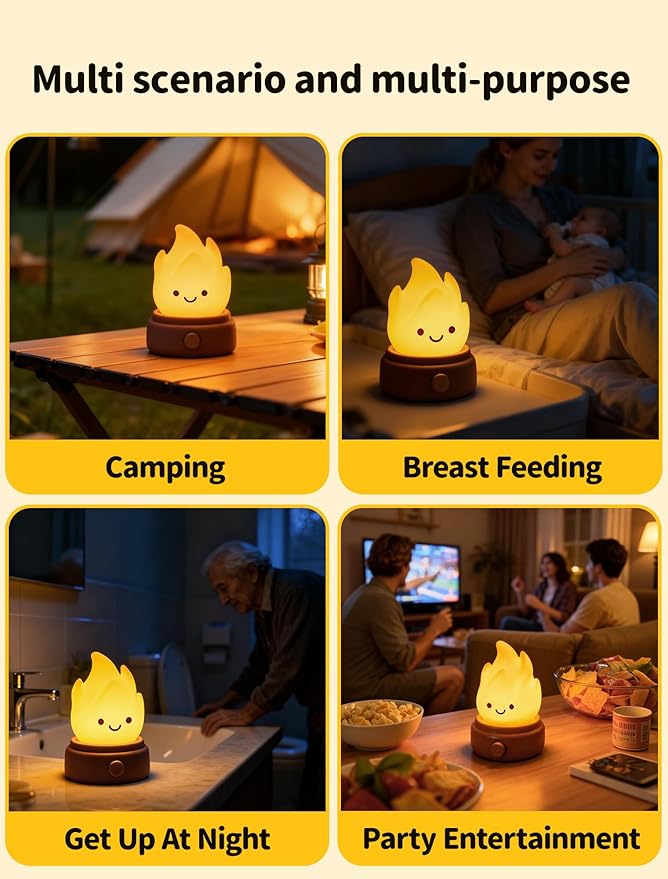 2026 Upgrade Campfire Night Light with White Noise, Portable Desk Lamp, Cute Silicone Flame Lights, Flameless Candles Lamps for Indoor Outdoor Table Decor, Funny Lamp Gifts for Kids Boys Girls