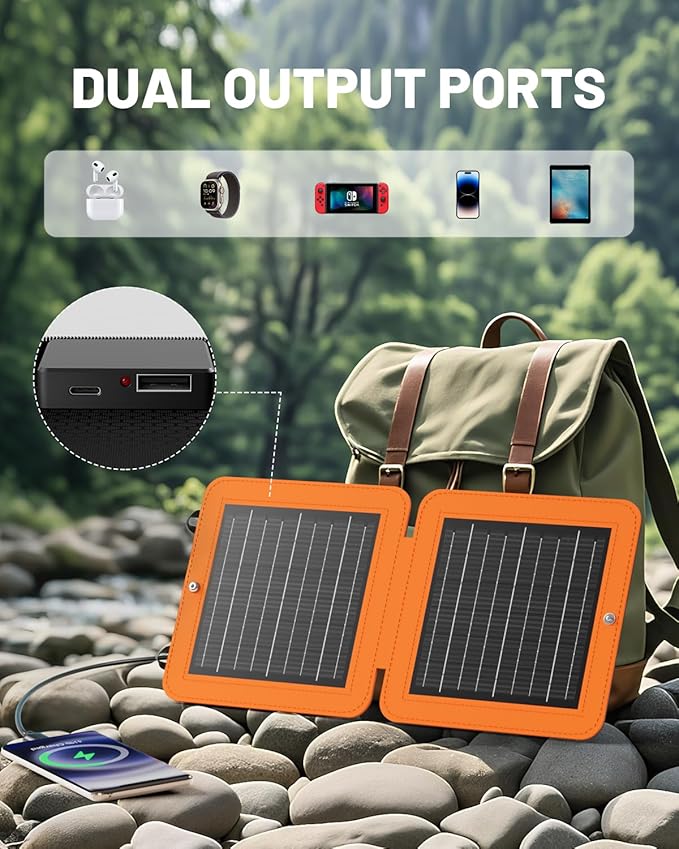 SOLUPUP Solar Panels, 10W Small Solar Charger with 5V USB-A and USB-C Fast Charging IPX5 Waterproof Foldable Portable Solar Panel for Camping, Hiking Compatible with iPhone, iPad, Power Banks