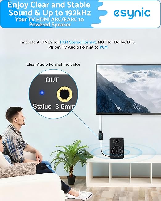 eSynic 7 FT Long eARC/ARC Audio Extractor-Plug & Play-Only Work For HDTV ARC/eARC Interface-192KHZ ARC to RCA&3.5MM Aux Adapter From HDTV to 3.5MM Headphone&L/R Stereo Audio System-No Optical Soundbar