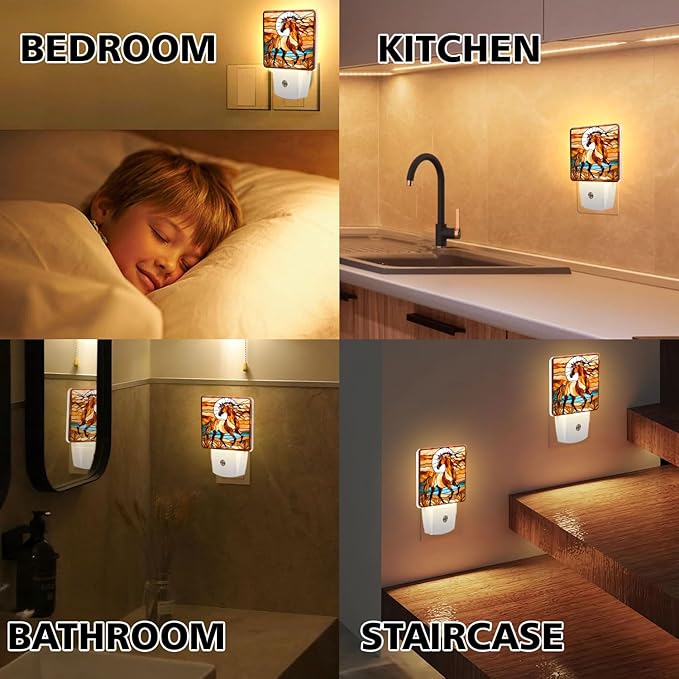 PODMemory Horse Stained Glass Night Lights Plug into Wall for Room, Horse Night Light LED for Bedroom