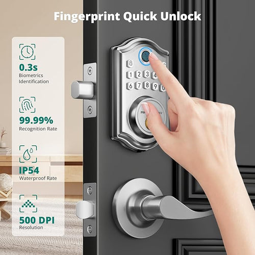 AkaGear DS10 Keyless Entry Door Lock with Handle - 2 Lever Handles, Fingerprint Door Lock, Keypad Deadbolt, 2 Keys, Code, Smart Locks for Front Door, Auto-Lock, Easy Installation - Satin Nickel
