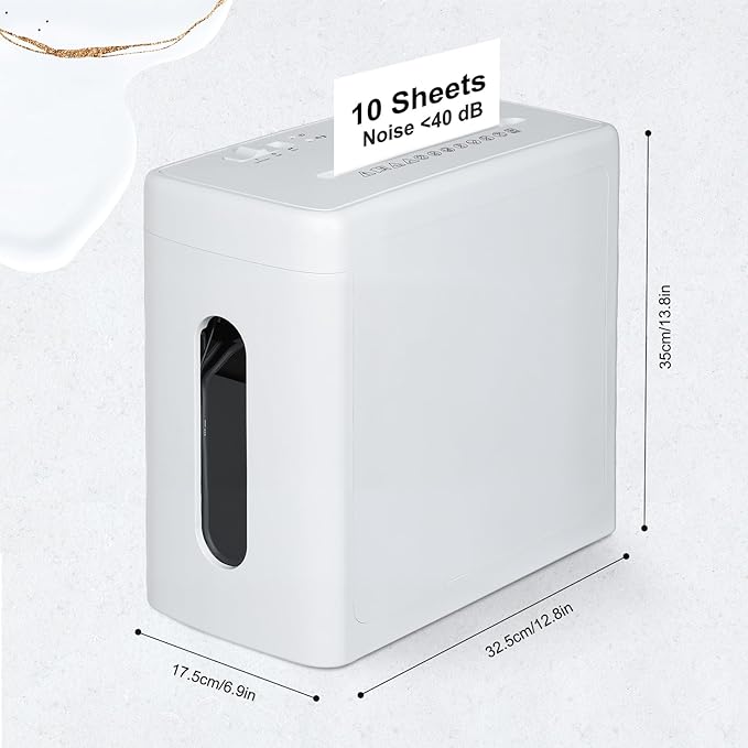 Low Noise 40dB Paper Shredder for Home, 10-Sheet Cross Cut, CD/Credit Card Shredder, 2.6 Gallons Wastebasket, P-4 High Security, White