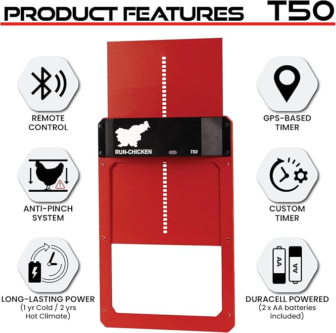 Run-Chicken Door T50 – Automatic Chicken Coop Door Opener, Battery Powered & Weatherproof Aluminum, Smart App & Timer Control, Predator Proof, Easy Install, Reliable All-Season Performance (Red)