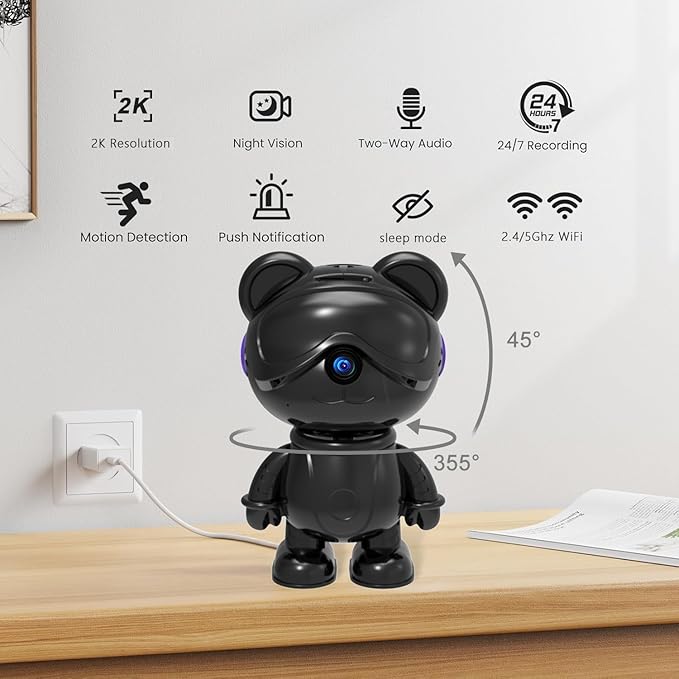 dzcctvipc Cute Bear 2K Home Security Camera – Motion Monitor, Baby Cry Detection,Privacy Mode,5G Dual-Band,Pan & Tilt,Night Vision,24/7 Recording,2-Way Audio,Compatible with Alexa & Google Assistant