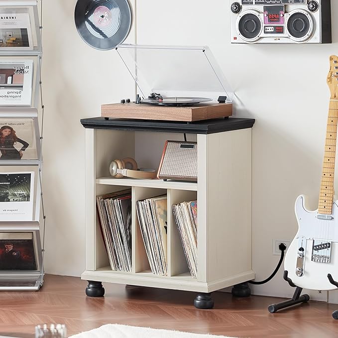 Joaxswe Record Player Stand with Charging Station Up to 200 Albums, 24" Wide Mid-Century Record Player Table with Vinyl Record Storage,Large Wood Turntable Stand Dispaly Cabinet for Living Room,White