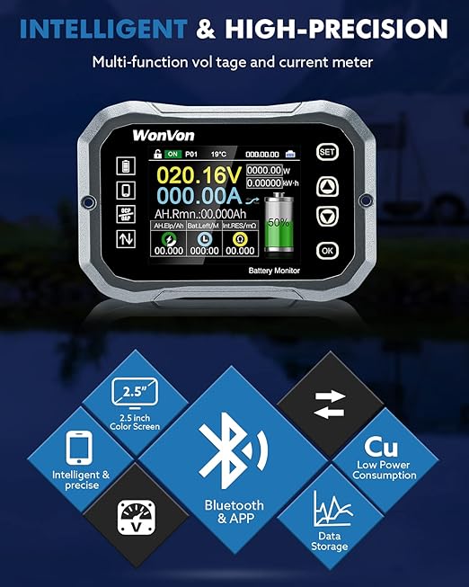 WonVon Battery Monitor with Shunt 400A 0V-120V Battery Monitor for RV Motorcycle Golf Cart Solar Panel with Screen,Capacity Percentage Time Power Voltmeter Display,Support High/Low Voltage