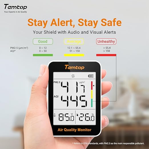 Temtop Air Quality Monitor Indoor Thermo-Hygrometer - PM2.5, AQI, Temperature, and Humidity Meter for Home, Office, or School, Air Quality Measurement, 60-Day Battery Life, S1 UP, 10-Pack