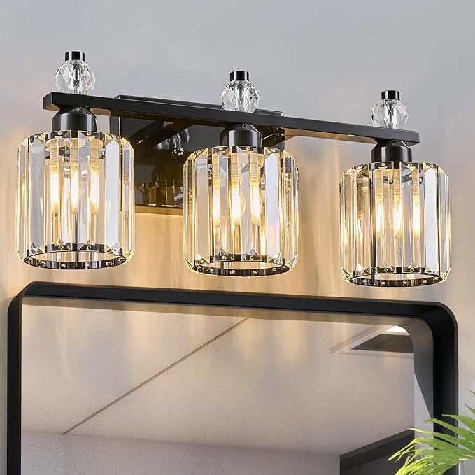 FDPBY Bathroom Vanity Lights 3-Light Plating Black Modern Crystal Vanity Light Fixtures Over Mirror Crystal Bathroom Vanity Lighting Fixtures