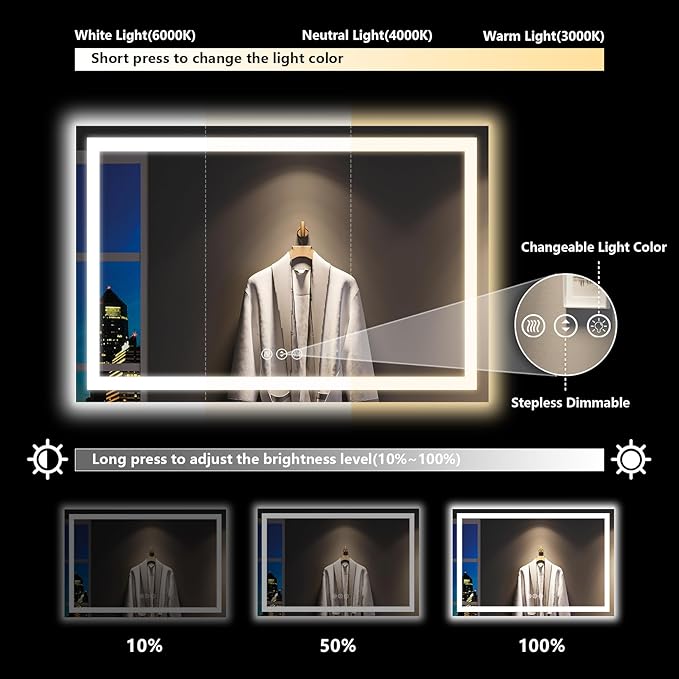 YEELAIT 60x36 Inch LED Bathroom Mirror with Lights Front and Backlit Lighted Vanity Mirror for Bathroom Wall with 3 Colors Dimmable Anti-Fog Memory Shatter-Proof IP54 Waterproof Horizontal/Vertical