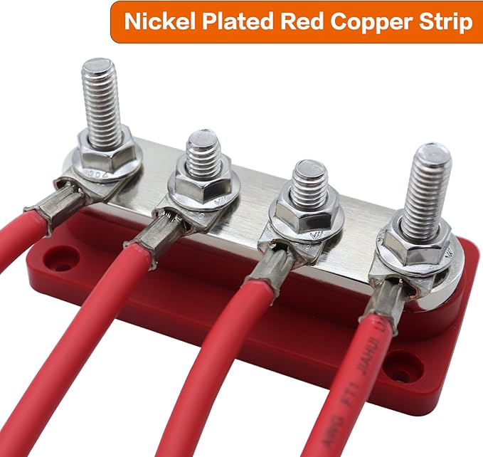 AMOMD 300A PowerBars 4 Terminal Studs (5/16 inch) M8 Nickel Plated Copper Distribution Block Electrical Negative Bus Bars Ground Block with Cover for Trailer Marine Boat Car RV (Red)