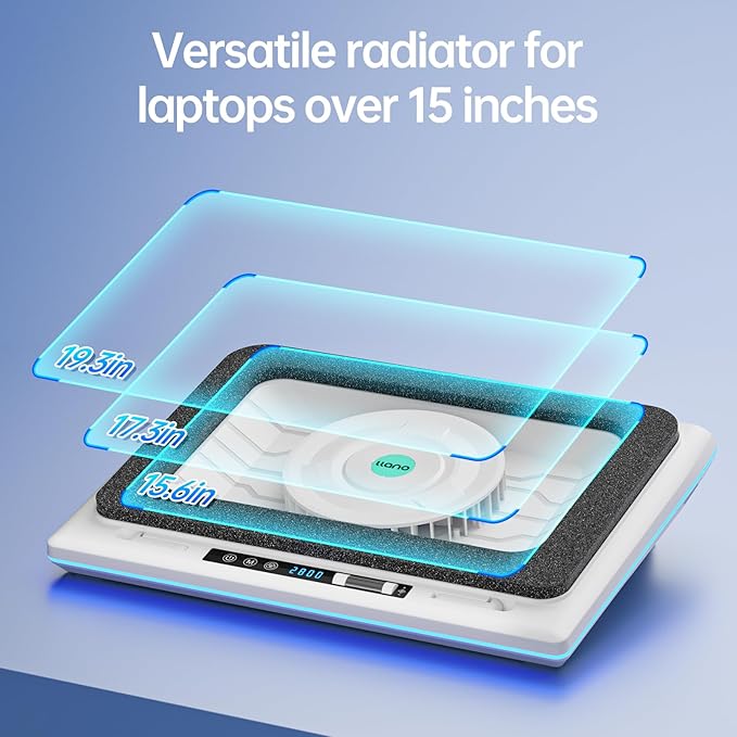 llano RGB Laptop Cooling Pad, White, Powerful Turbofan, Quiet Cooling, Touch Control, LCD Screen, Seal Foam, 15-19in Laptops