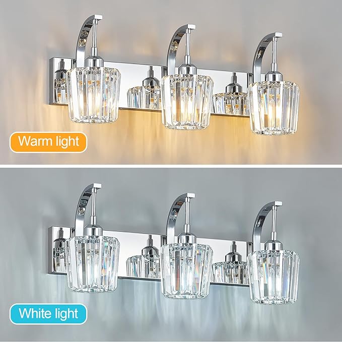 FDPBY Modern Bathroom Vanity Light, 3-Light Chrome Wall Sconce with Crystal Accents, Over Mirror Bathroom Lighting Fixture, 23.62" Long Dimmable Vanity Lamp for Makeup, Easy Installation