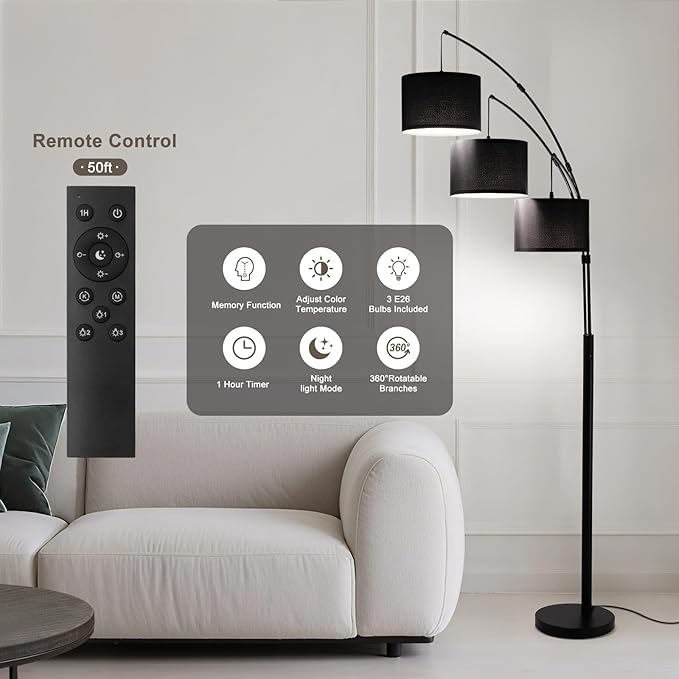 Fansdrick Floor lamp with Remote, 3 Light Arc Floor Lamps for Living Room, 2400LM Tall Standing Floor Lamps with Black Shades, 80" Large Floor Lamp for Bedroom, Office
