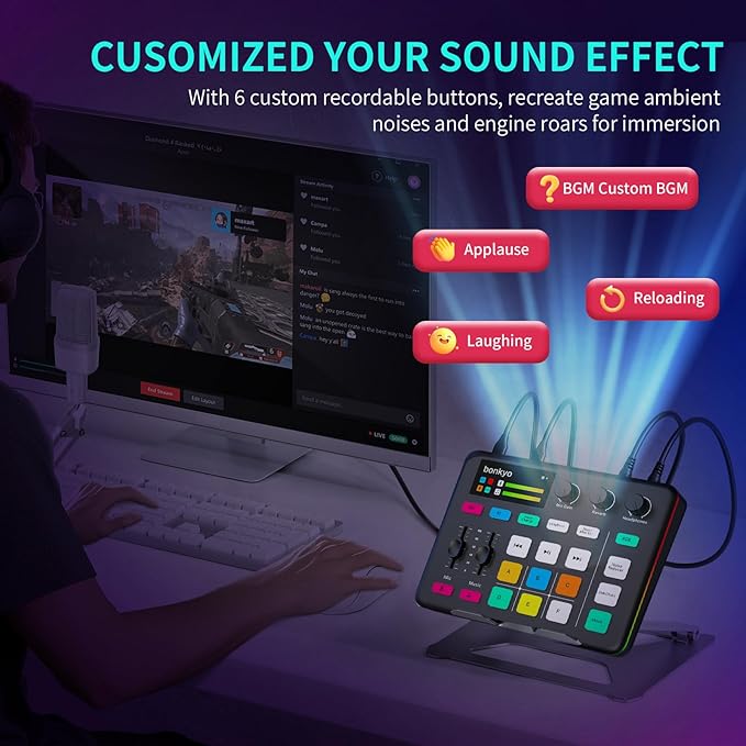 Bonkyo Gaming Audio Mixer & USB Interface with XLR Microphone, Bluetooth 5.0, RGB Effects, 48V Phantom Power, Voice Changer, G1 Sound Card for PS5, TikTok Live Streaming, Podcasting (Black)