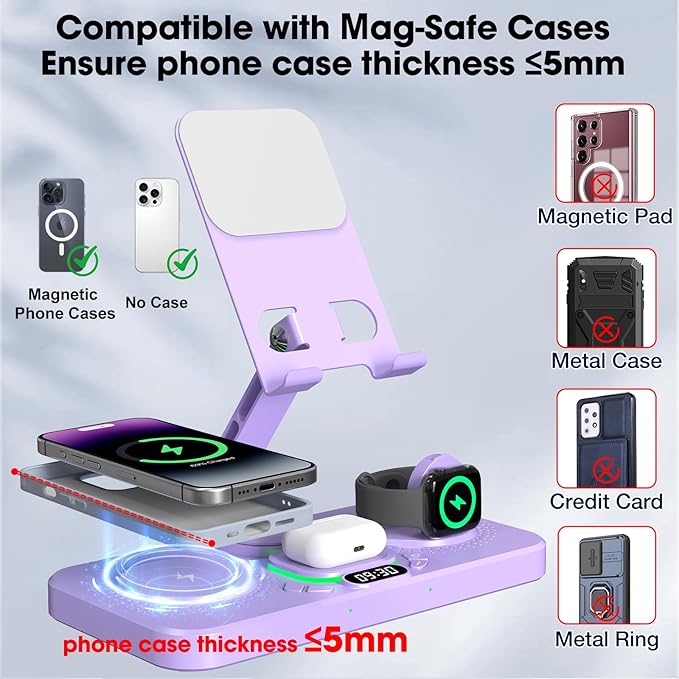 30W Charging Station for Apple Products, Foldable Wireless Charger with Clock Display&7 Color Light, Wired Charging for iPad/Tablet Charging Station for iPhone17, for Apple Watch11 for AirPods4(Purple