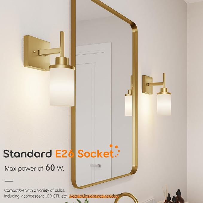 AONEON Vanity Lighting Fixtures with White Frosted Glass Gold Wall Lamp for Bathroom Mirror Bedroom, Living Room, Kitchen Cabinet, Washroom Porch T001GD-L1