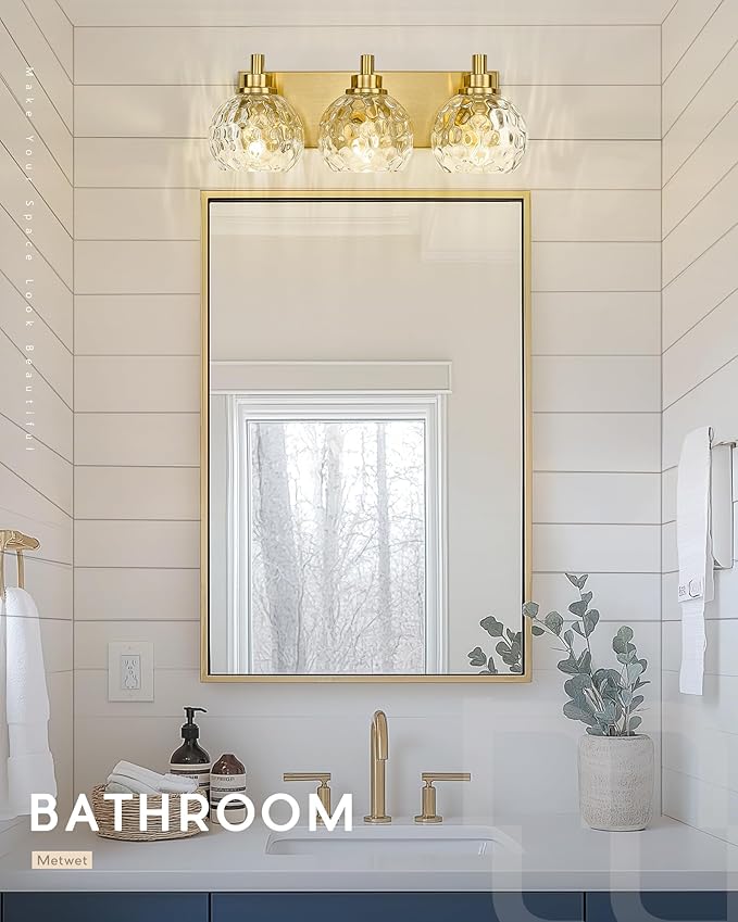 METWET Bathroom Light Fixtures Over Mirror, 3-Light Brushed Gold Vanity Light with Clear Hammered Glass Globe Shade, Modern Sconces Wall Lighting Bedroom Hallway, VL200-BG-3