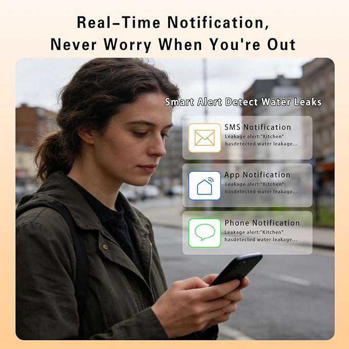 WiFi Water Leak Detectors for Home, Real-Time Mobile Alerts Smart Water Sensor Alarm (with Wire & Batteries)