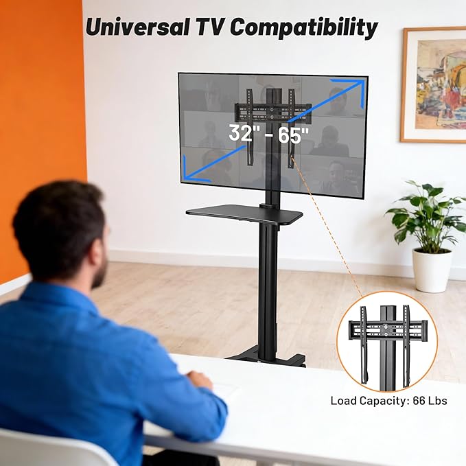AW Rolling TV Stand Mobile TV Cart Height Adjustable for 32" to 65" LCD LED Screen TVs Office Meeting