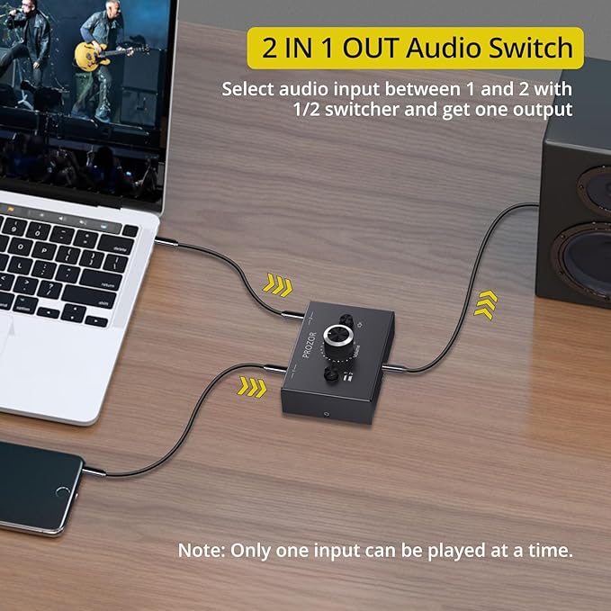 PROZOR 3.5mm Audio Bi-Directional Switcher - 2(1)-in-1(2)-Out 3.5mm Stereo Audio Switch Splitter 2 x 1/1 x 2, with Mute Button and No External Power Required