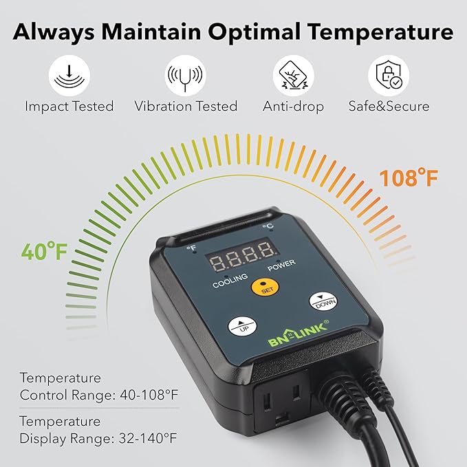 BN-LINK Digital Cooling Thermostat Controller, Temperature Controlled Outlet for Attic Fan, Exhaust Fan, Cooling Devices 40-108°F, 8.3A 1000W