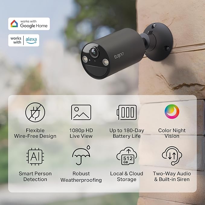 Tapo by TP-Link Wireless Outdoor Security Camera, 1080P, Up to 180 Days Battery Life, Free Person Detection, SD/Cloud Storage, Spotlight Color Night Vision, Alarm, No Hub Needed, Black, C403