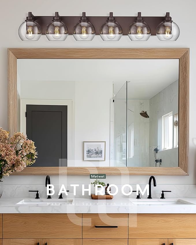 METWET Oil Rubbed Bronze Bathroom Light Fixtures, 6-Light Bathroom Vanity Lights Over Mirror with Globe Clear Glass Shade, 38 Inch Modern Sconces Wall Lighting, VL195-ORB-6
