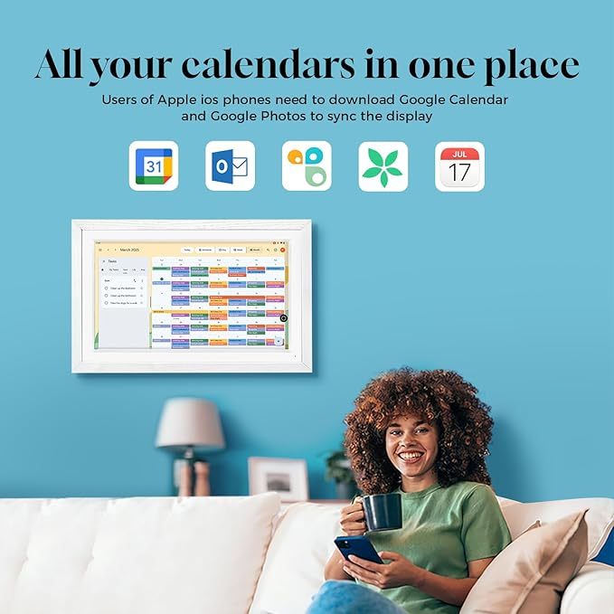 15.6" Digital Google Calendar+Pen,No Subscription|All-in-one Smart Display:Photo Frame,Google Play Apps,Voice Assistant,Home Hub,Streaming|Built-in Battery|Wall&Desk|Anti-Glare Touchscreen|White Wood