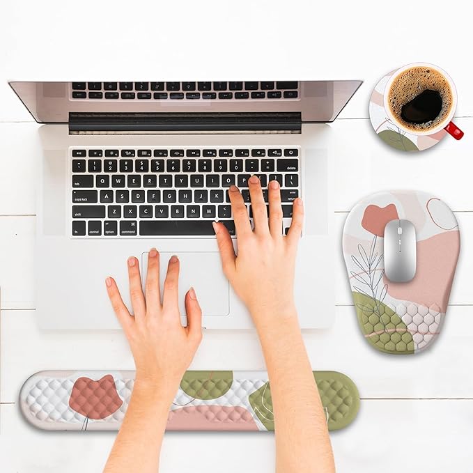 Hasinart Ergonomic Mouse Pad and Keyboard Wrist Rest with Massage Design, Space-Saving Mouse Pad Wrist Support, Memory Foam Wrist Rest with Non-Slip PU Base for Computer Desk, Rose