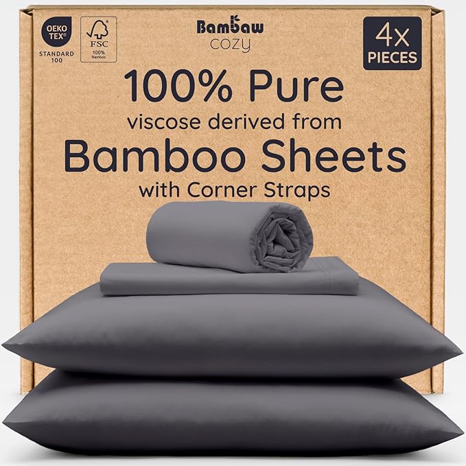 Bambaw 100% Viscose Derived from Bamboo Sheet Set Full Size – 4pcs Cooling Sheets for Hot Sleepers, with Elastic Corner Straps, Soft Bedding Set, Luxury Sheets Full Size (Charcoal)