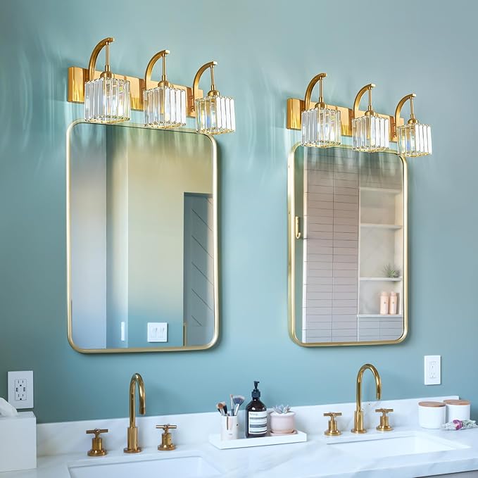 FDPBY Crystal Vanity Lights 3-Light Gold Bathroom Vanity Lights Modern Crystal Bathroom Light Fixtures Over Mirror 23.62" Long Vanity Light for Bathroom