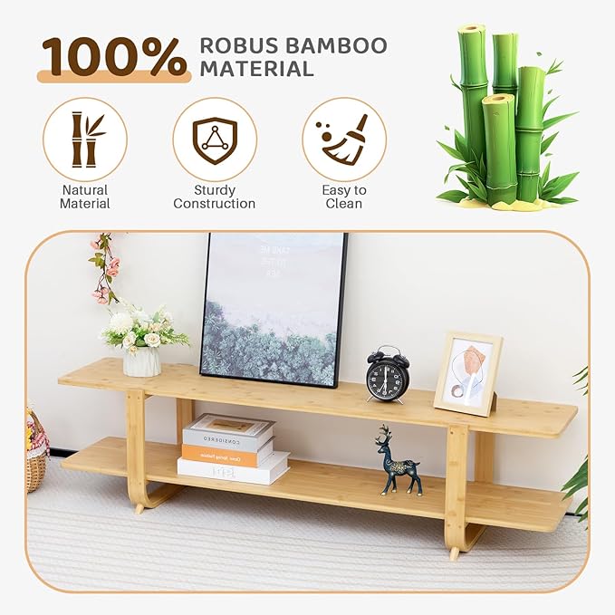 HollyHOME Bamboo TV Stand with Storage for TVs up to 65'', Modern Entertainment Center with 2 Open Shelf, Accent TV Media Console Table for Living Room, Bedroom, 55"(L), Burlywood
