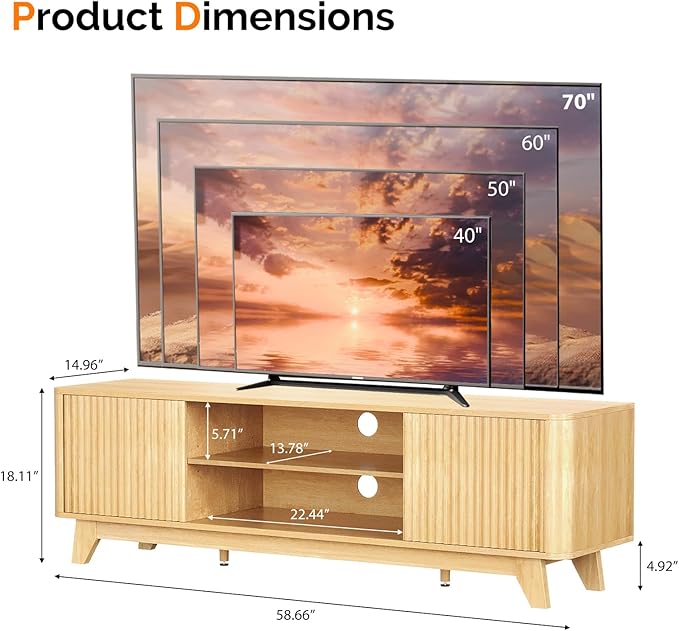 VINGLI 58.6" TV Stand for 70 Inch TV, Mid Century Entertainment Center with Fluted Sliding Doors and Open Storage, Elegant Media Console for Living Room, Oak