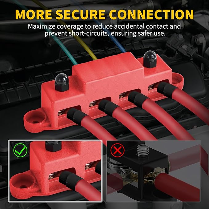 Bolipoeq Bus Bar 250A 12V Power Distribution Block 4 x 3/8"(M10) Studs for Automotive Marine Car Audio, 12 Volt Battery Busbar Terminal Block with Waterproof Cover (Pack of 2, Positive & Negative)