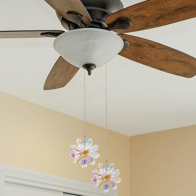 LEFERS Ceiling Fan Pull Chain, 2 Pieces 1.8" Crystal Glass Flower Pendants with 24" Ceiling Fan Chain Extender and Connector (Crystal AB)