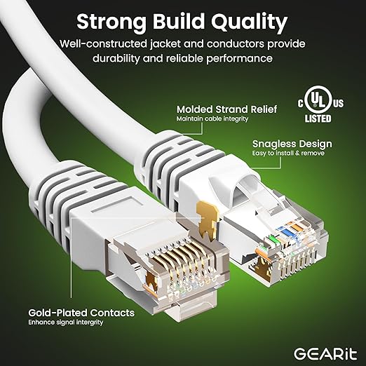 GEARit Cat 6 Ethernet Cable (50-Pack 2 Feet) Cat6 Network Patch, 10Gbps, RJ45, Snagless Cord, Gold-Plated Connectors, Internet for PC, TV, Tablet, Router, Printer, Servers, IT Data Center - White