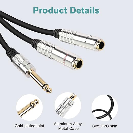 XMSJSIY 6.35mm TS Guitar Signal Audio Y Splitter Cable, 1/4" Male to Dual Mono 1/4" Female Adapter with Gold-Plated OFC HiFi TS Speaker Headphone Extension Cable-0.5M/1.6FT