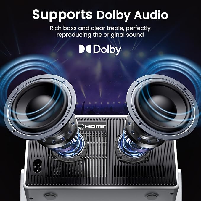 Smart Mini Projector, 1500 ANSI Portable Projector with WiFi and Bluetooth, HAPPRUN 4K Full HD Home Theater with 270° Stand, Dolby Sound, Built-in Apps,Compatible with Phone & PC, Indoor & Outdoor Use