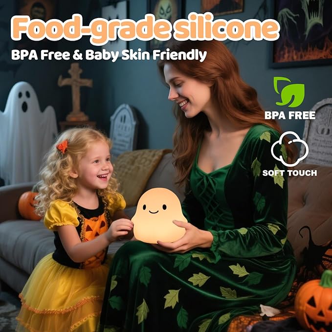 Rytinazzz Halloween Ghost Night Light, Color-Changing & 50-Hour Battery, Spooky-Cute Squishy Lamp for Kids, USB Rechargeable with Timer, Halloween Decor & Gifts