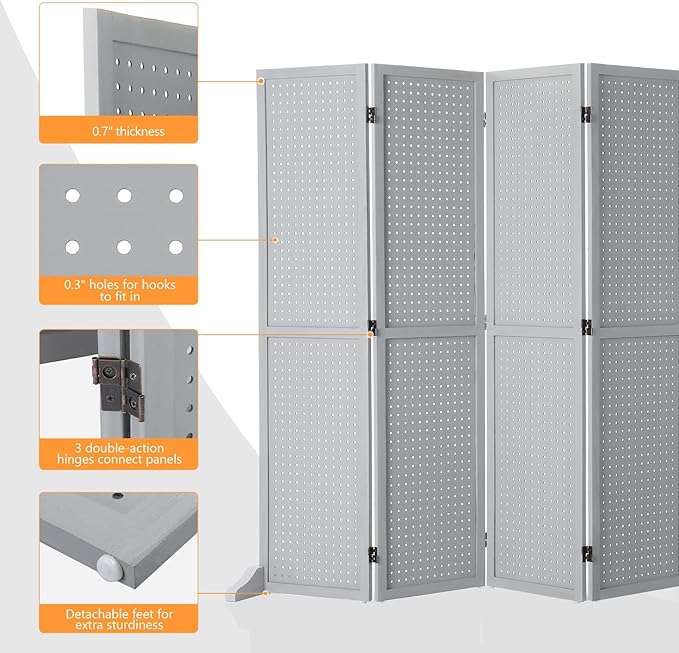 Bonnlo 4/6 Panel Pegboard Freestanding, 5 FT Portable Display Board Organizer for Craft Show Jewelry, Wooden Folding Privacy Screen Room Divider (Grey, 6 Panel with Base)
