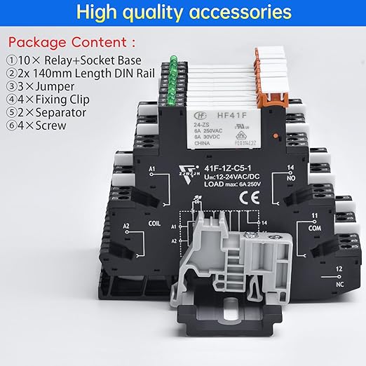 10Pcs Miniature Relay 24V DC, 24V AC 6Amp SPDT with LED Indicator with Socket 41F-1Z-C5K with Din Rail Silm Signal Relay for PLC