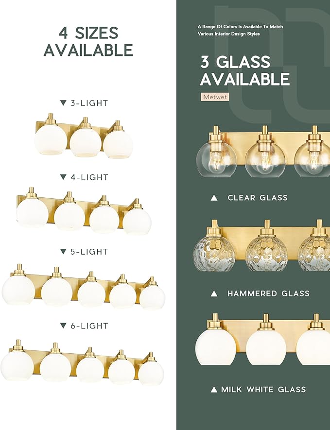 METWET Bathroom Light Fixtures, 6-Light Brushed Gold Bathroom Vanity Lights Over Mirror with Globe Milk White Glass Shade, 38 Inch Modern Vanity Lighting Fixtures, VL195-BG-ML-6