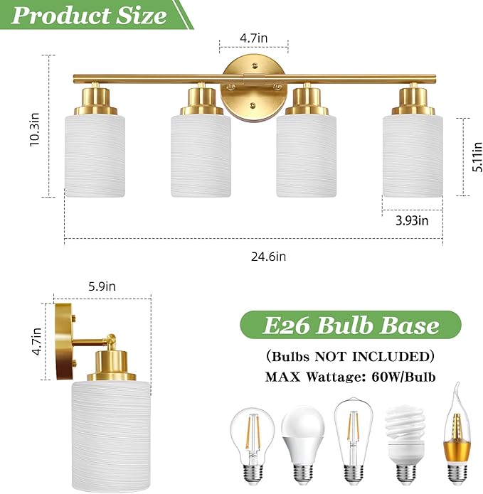 Guliaofo 4-Light Vanity Lights, Brushed Gold Bathroom Light Fixture with Striped Textured Milky White Glass Shade, Modern Vanity Lighting Fixture for Bathroom Wall Light Over Mirror, E26 Wall Sconce
