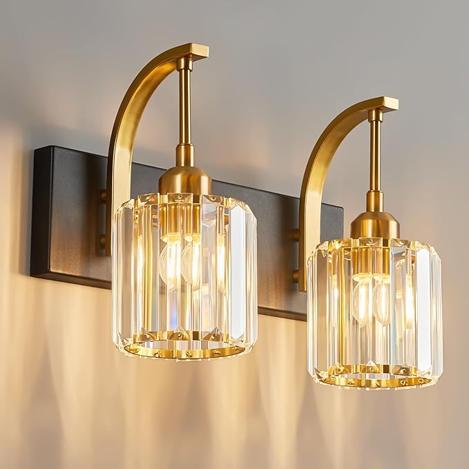 FDPBY Bathroom Crystal Vanity Lights 2-Light Black Gold Wall Lamp Modern Crystal Bathroom Light Fixtures Over Mirror 13.77" Long Wall Sconce
