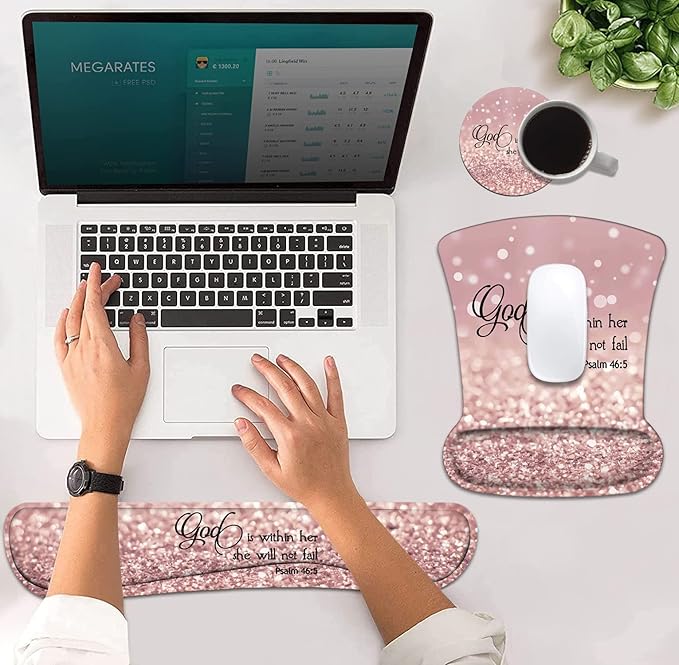 Ergonomic Mouse Pad Wrist Support and Keyboard Wrist Rest Set with Coasters, Non-Slip PU Base, Easy Typing and Relieve Wrist Pain, Perfect for Home Office Working Studying, Bible Verse Psalm 46:5